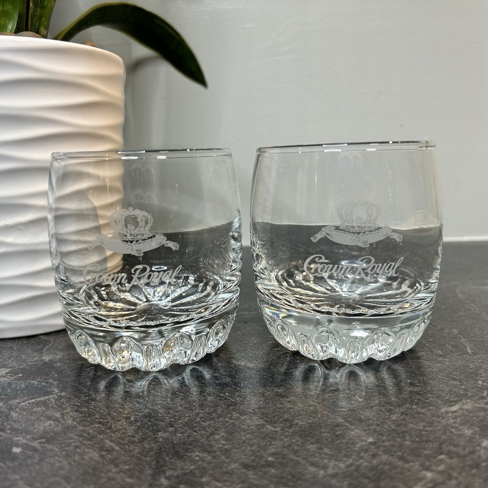 2- Crown Royal Pillow Etched Weighted Bottom Old Fashioned Whiskey Glasses EUC